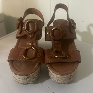 LUCKY BRAND Reba Caramel Leather Platform Sandals - 8.5 wedge